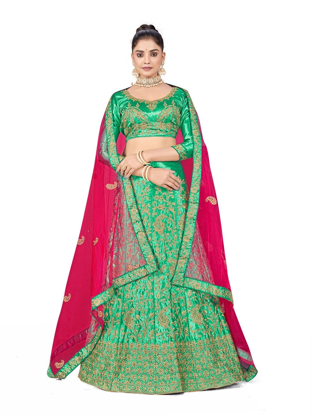 MANVAA Green & Pink Embroidered Thread Work Semi-Stitched Lehenga & Unstitched Blouse With Dupatta - view 1