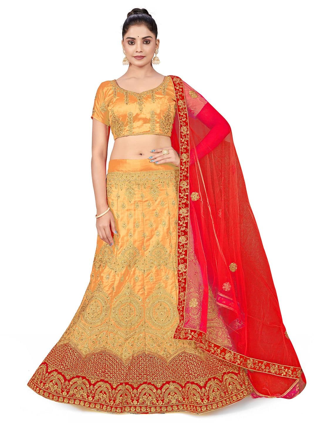MANVAA Embroidered Satin Semi Stitched Lehenga & Unstitched Blouse With Dupatta - view 1