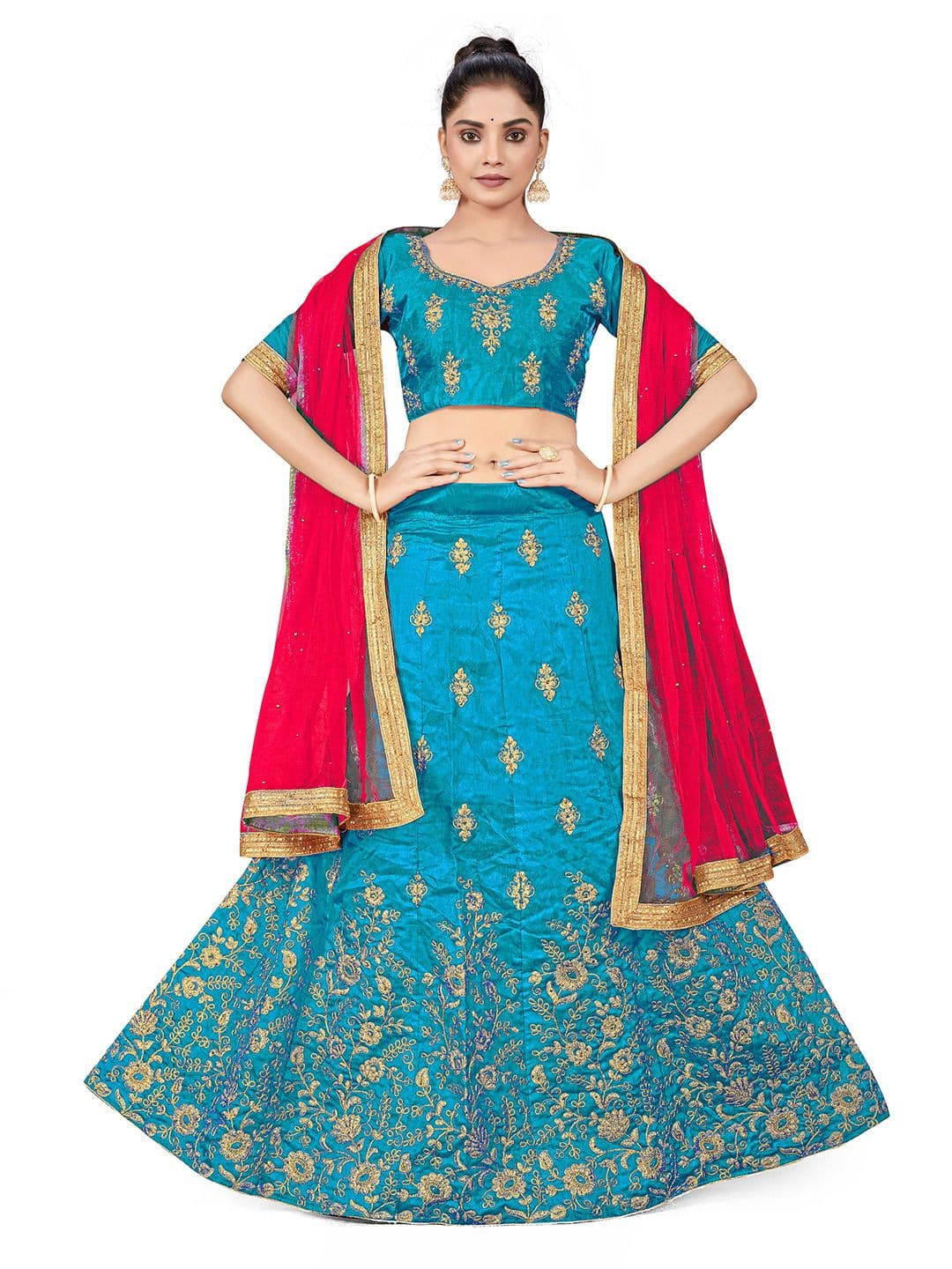 MANVAA Embroidered Beads and Stones Semi-Stitched Lehenga & Unstitched Blouse With Dupatta - view 1