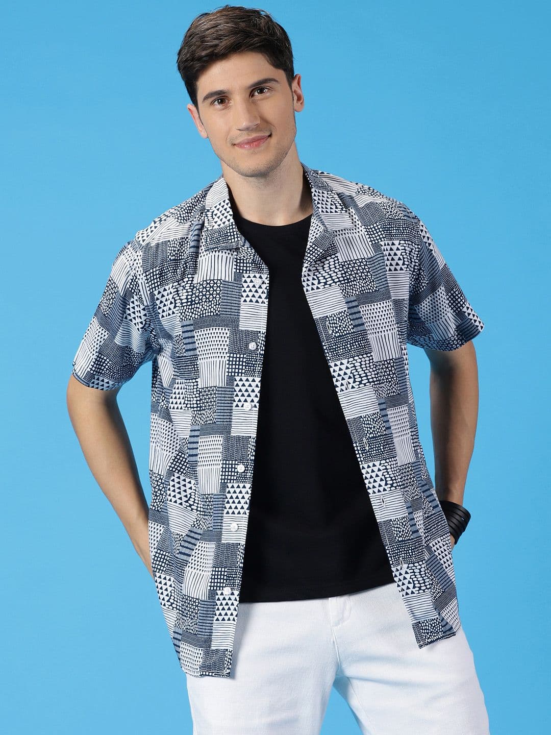 Mast & Harbour Spread Collar Short Sleeves Classic Slim Fit Geometric Printed Casual Shirt - view 1