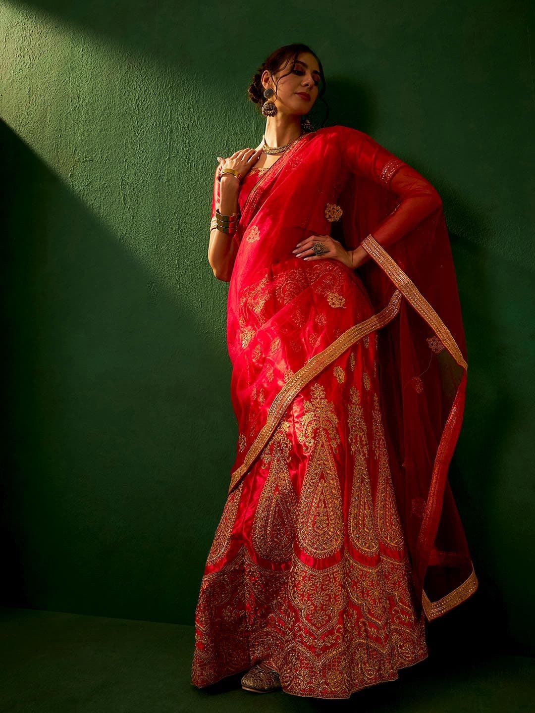 Sangria Red Embroidered Silk Semi-Stitched Lehenga Choli - view 1