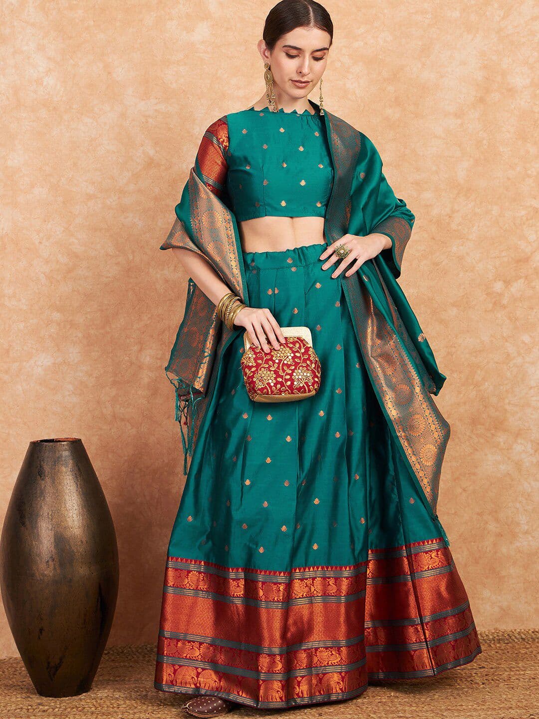 Sangria Green Woven Design Unstitched Lehenga Choli - view 1