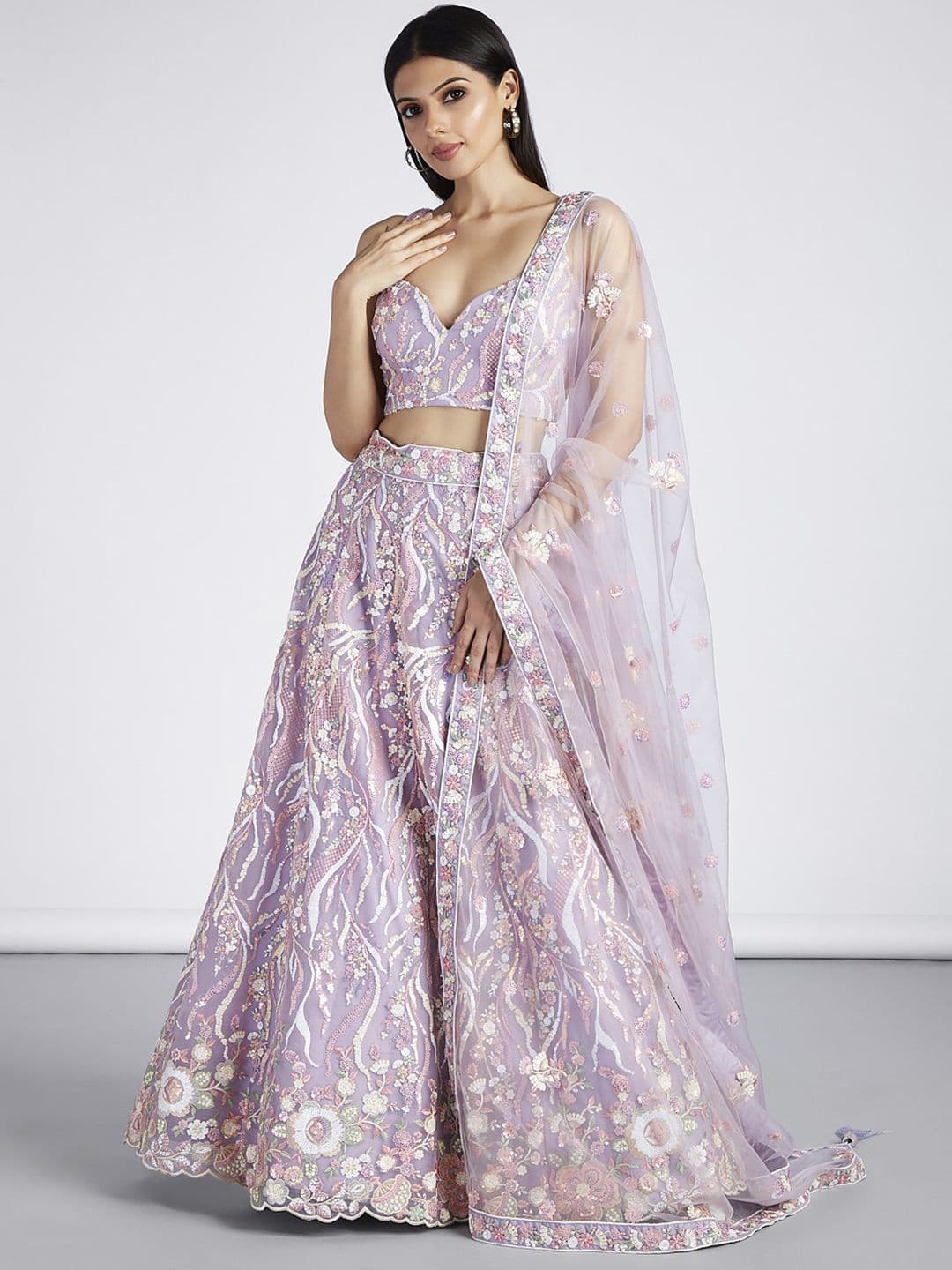 panchhi Blue Embroidered Sequinned Net Semi-Stitched Lehenga & Unstitched Blouse With Dupatta - view 1