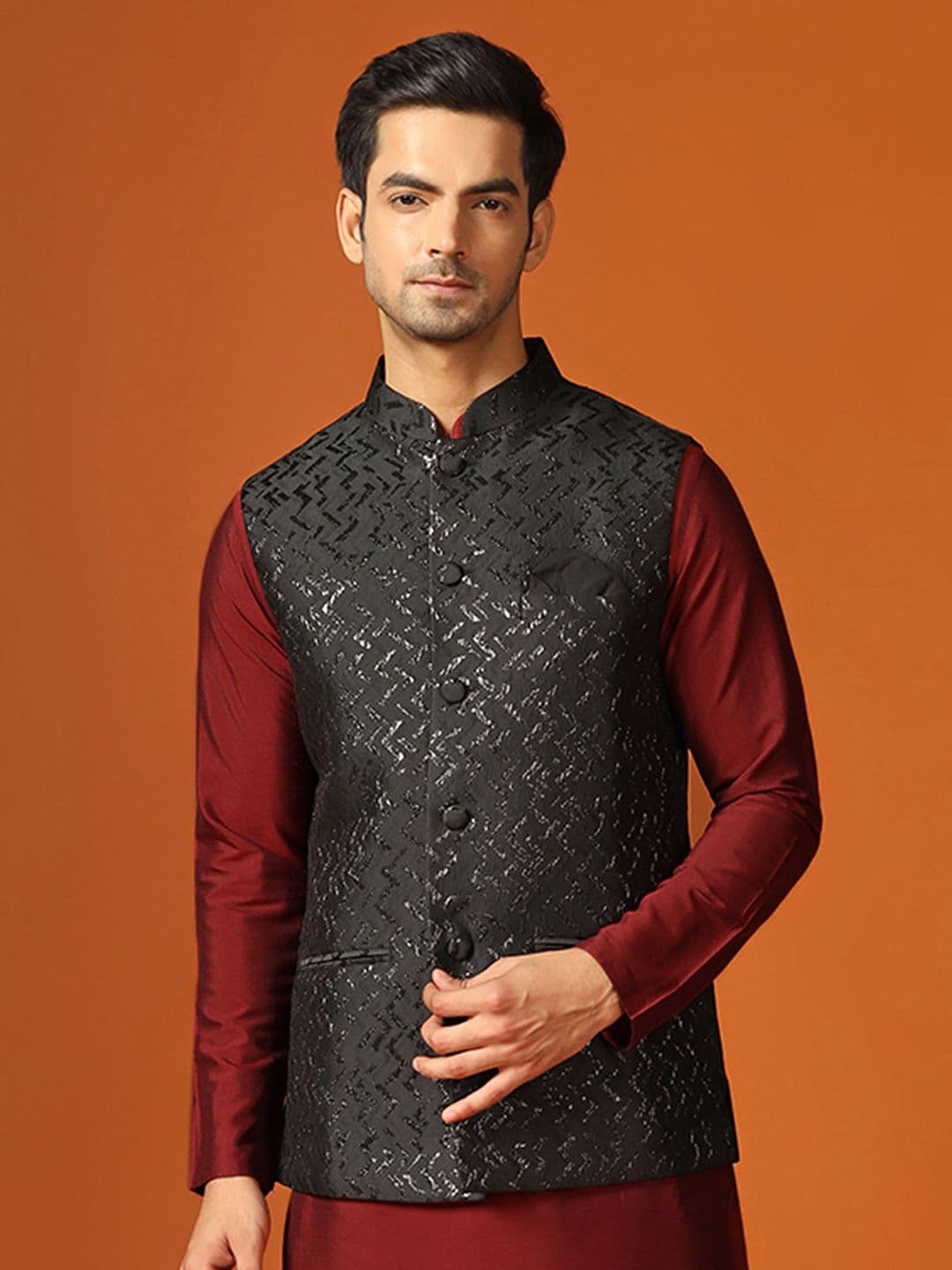 KISAH Mandarin Collar Woven Design Nehru Jacket - view 1