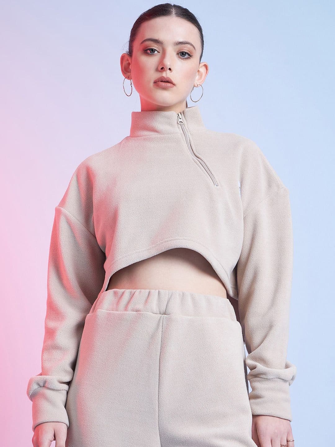 STREET 9 Beige Mock Collar Crop Sweatshirt - view 1