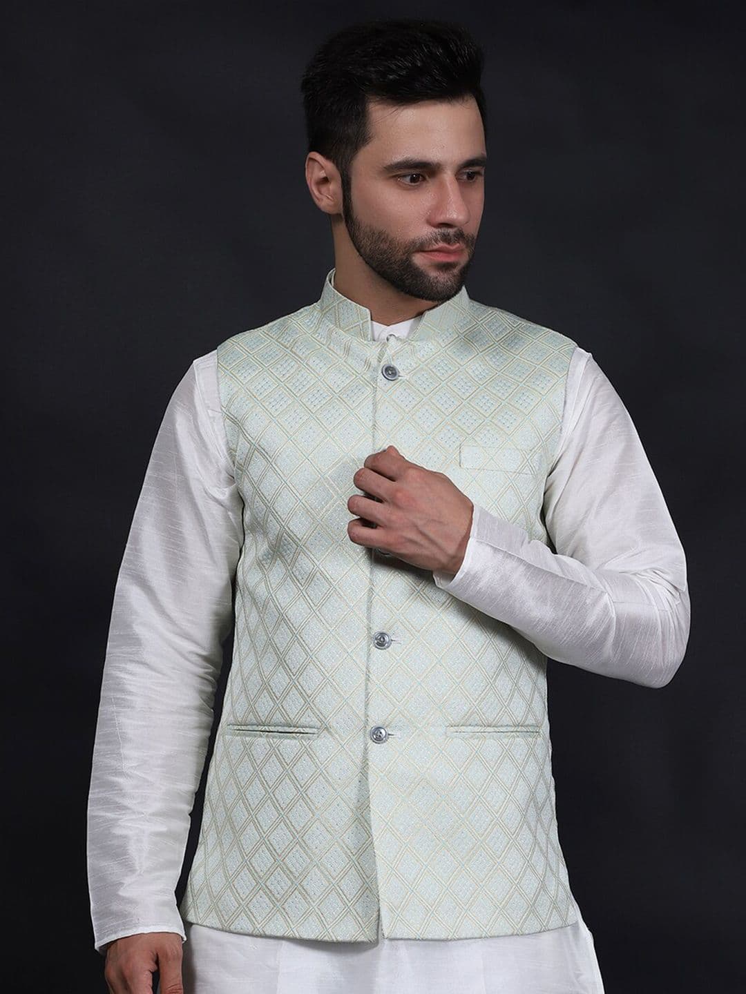 Wintage Woven Design Mandarin Collar Woven Nehru Jacket - view 1