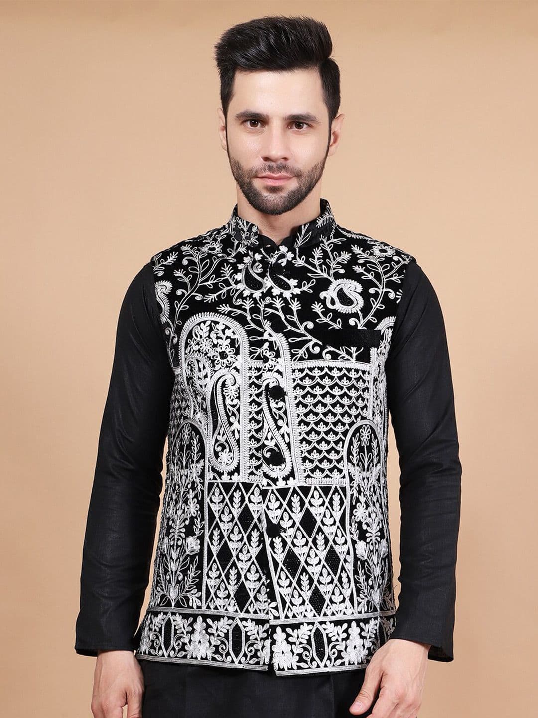 Wintage Ethnic Motifs Embroidered Velvet Nehru Jacket - view 1