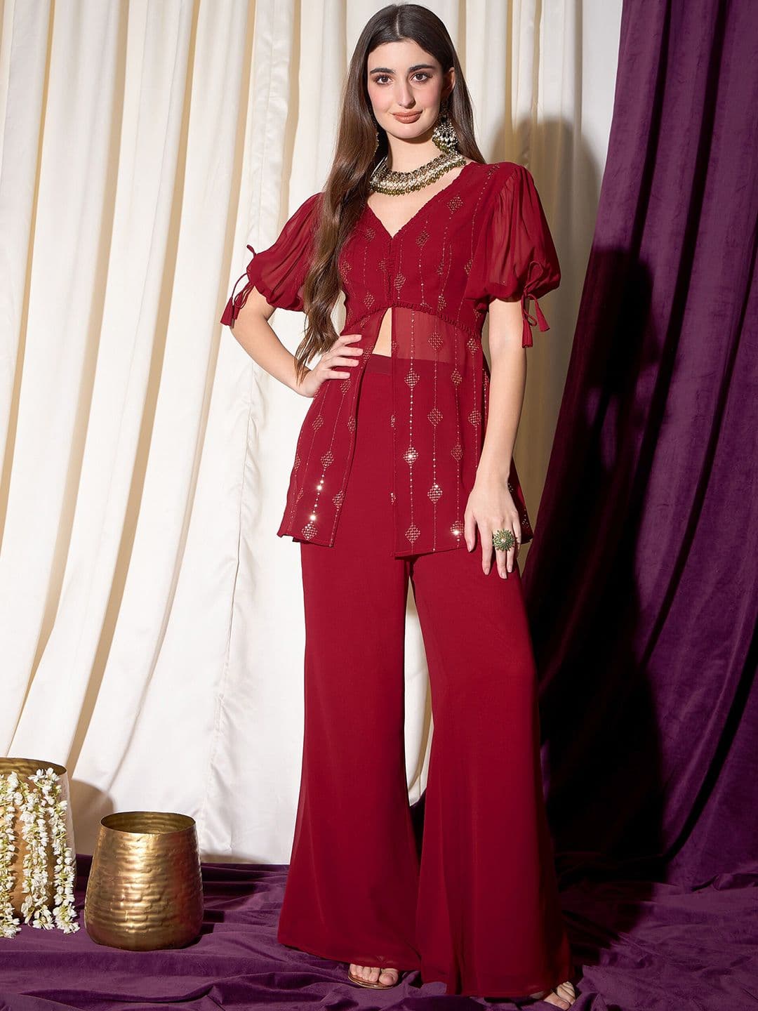 indo street Embroidered Sequined Top With Palazzo - view 1