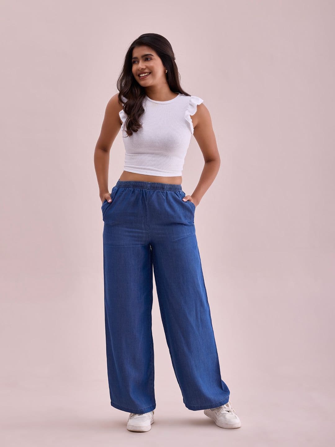 Go Colors Women Blue Solid Denim Wide Leg Palazzos - view 1