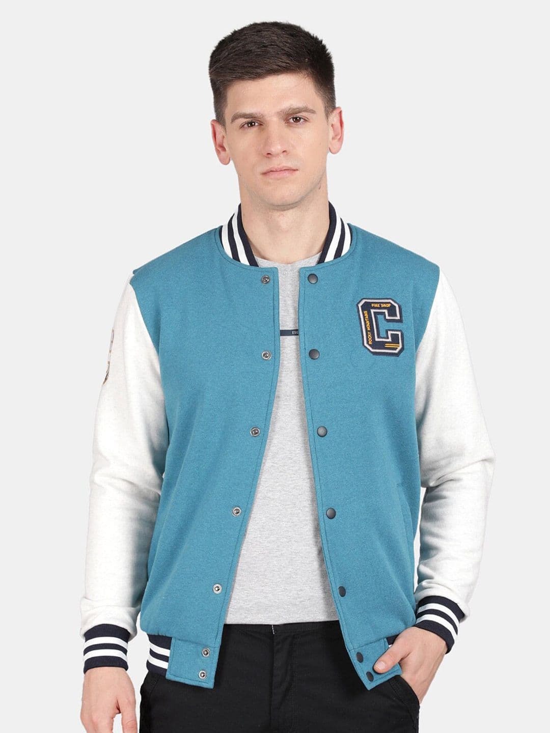 t-base Typography Printed Stand Collar Varsity Jacket - view 1