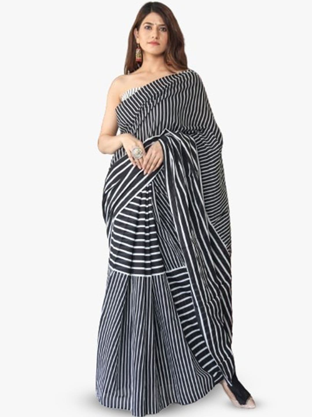 TROPWEAR Striped Pure Cotton Block Print Saree - view 1