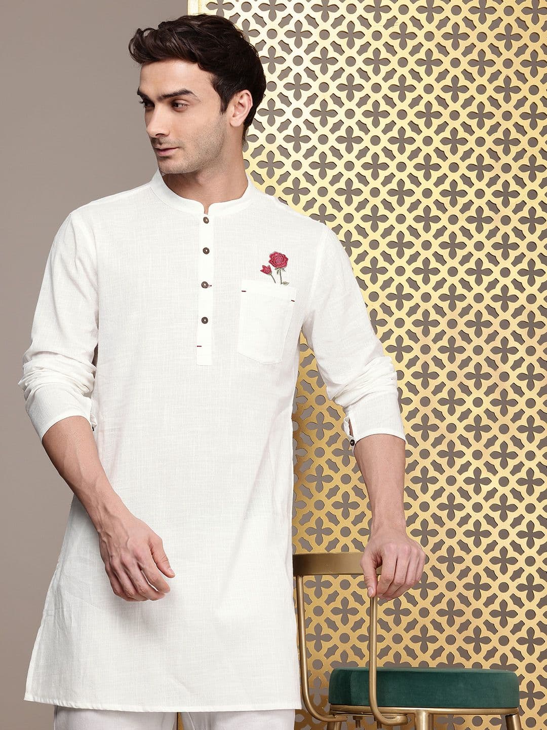 House of Pataudi Mandarin Collar Thread Work Detail Pure Cotton Rozana Kurta - view 1