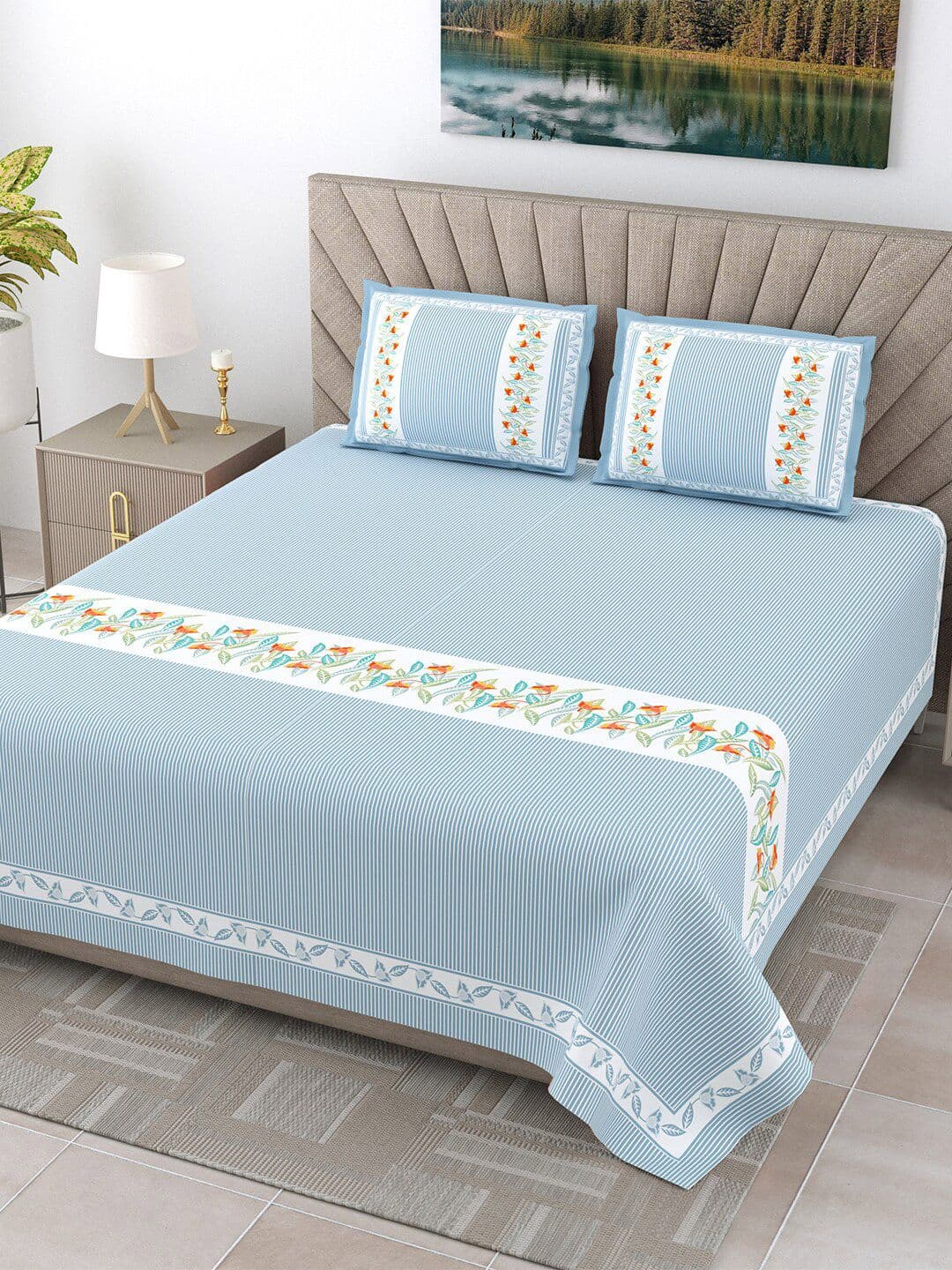 JAIPUR FABRIC Eco Friendly Blue Striped Pure Cotton 300 TC King Fine Bedsheet with 2 Pillow Covers-108 x 90 inches - view 1