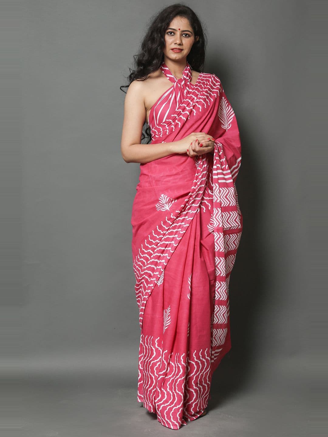NIKHILAM Ethnic Motifs Printed Mulmul Cotton Block Print Saree - view 1