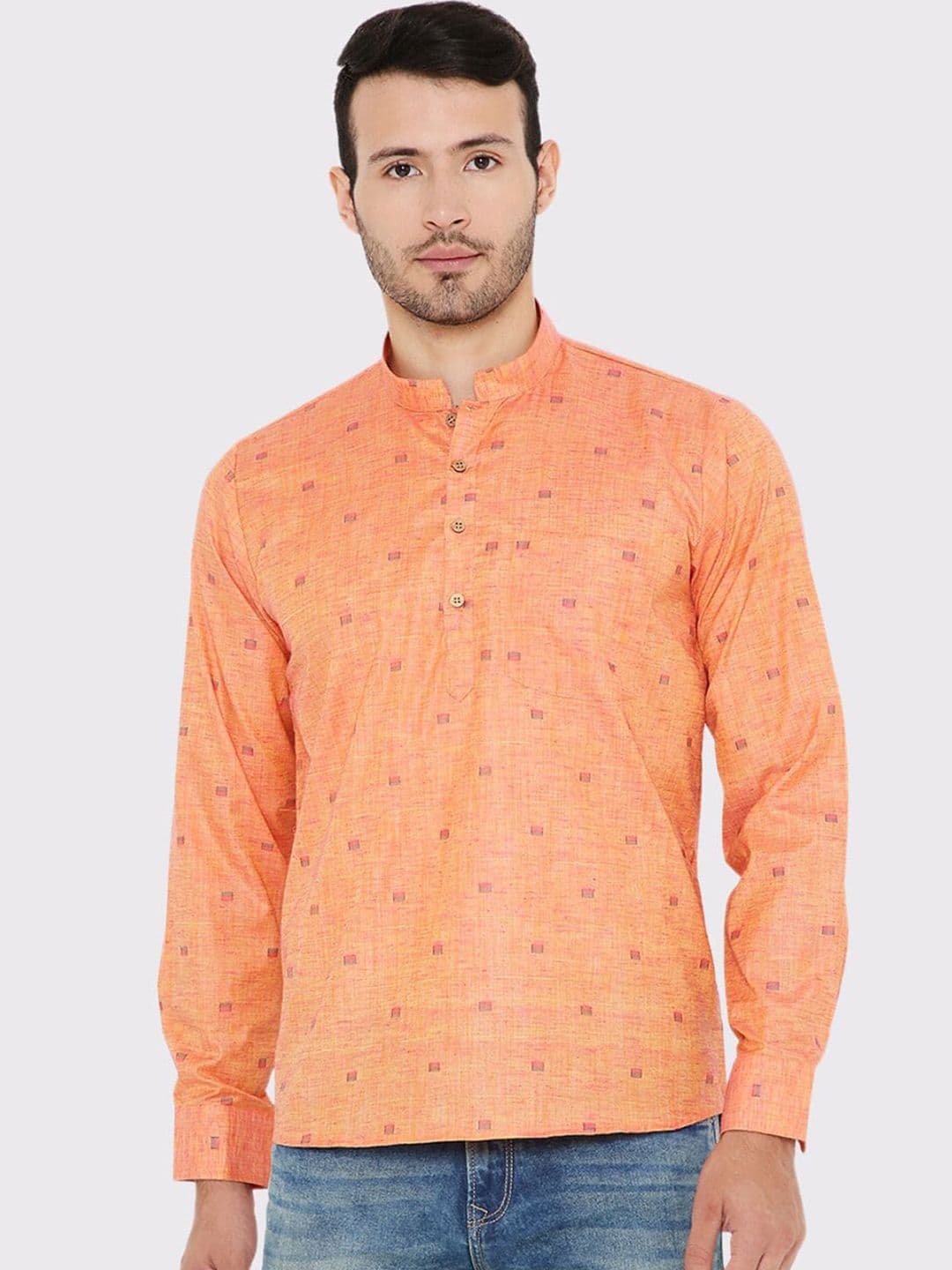 Maharaja Woven Design Mandarin Collar Linen Short Kurta - view 1