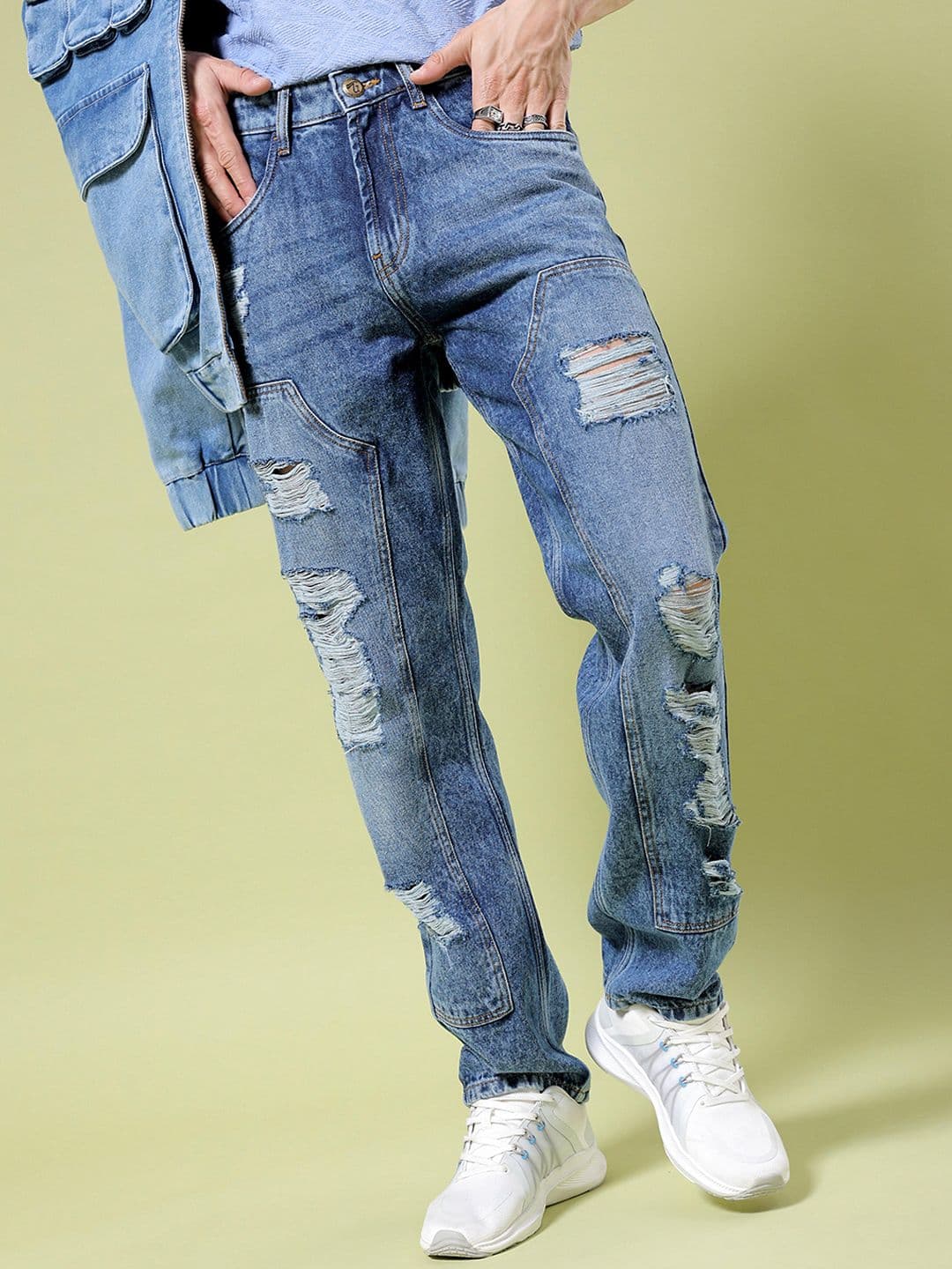 The Indian Garage Co Men Straight Fit Highly Distressed Mid Rise Heavy Fade Cotton Jeans - view 1