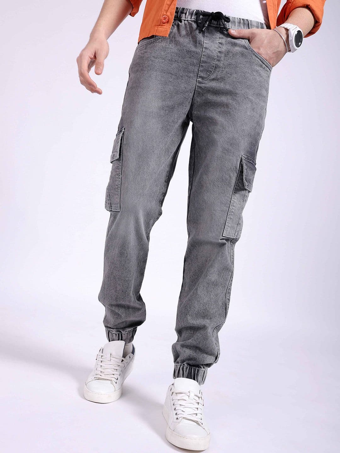 The Indian Garage Co Men Mid-Rise Clean Look Light Fade Stretchable Cargo Jogger Jeans - view 1