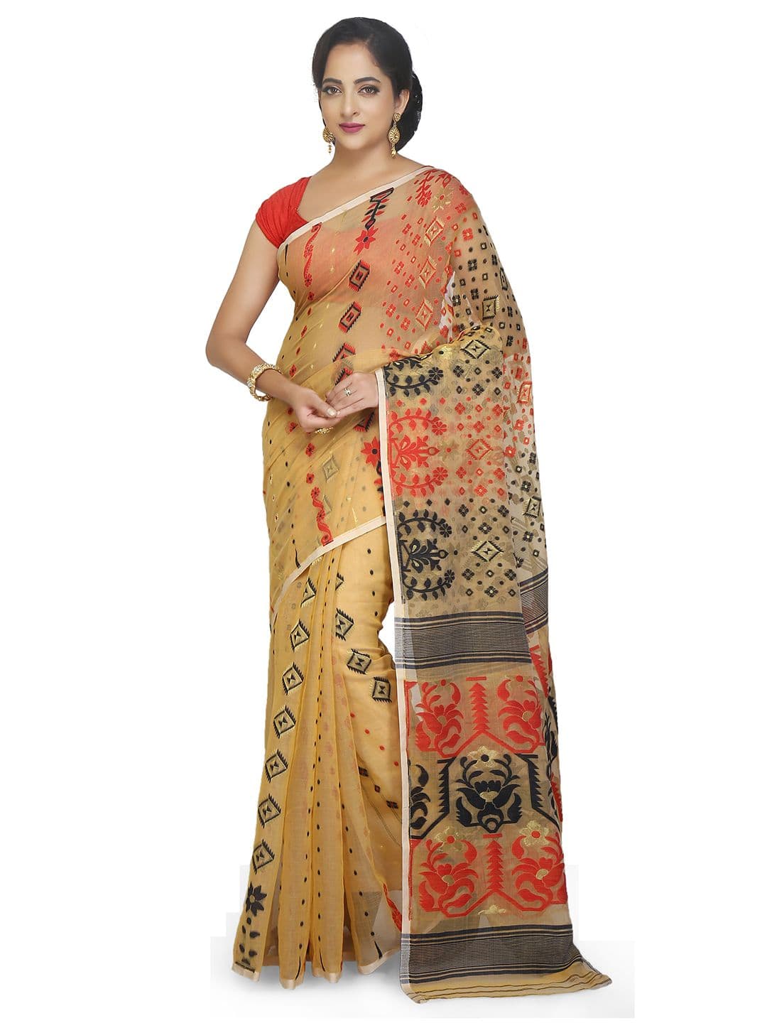 BENGAL HANDLOOM Ethnic Motifs Woven Design Art Silk Jamdani Saree - view 1