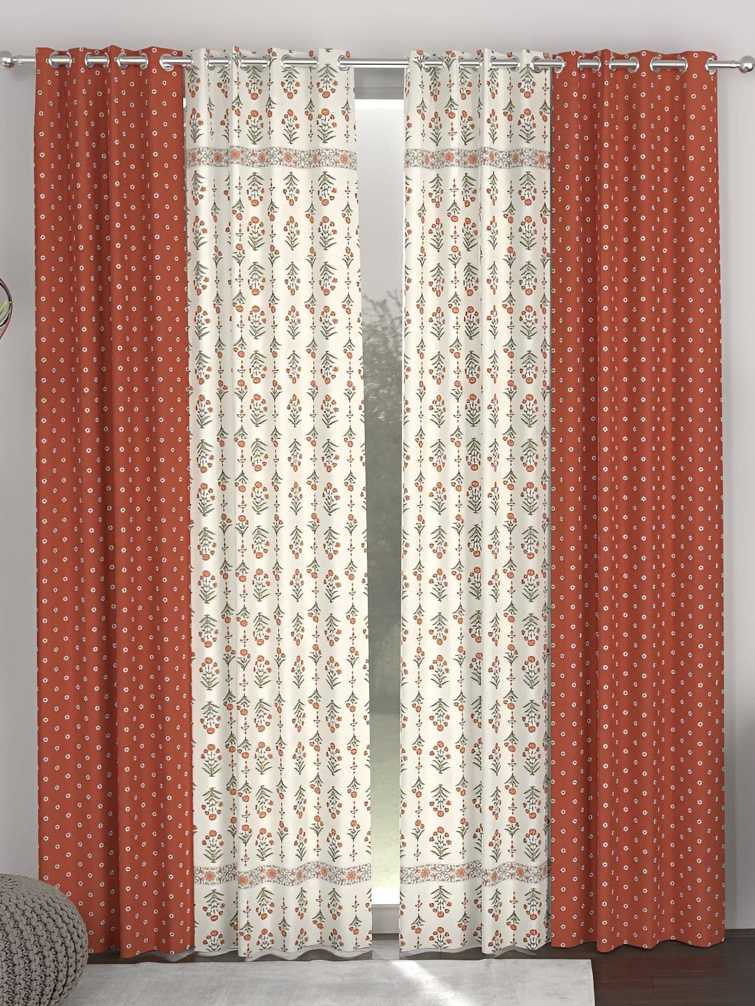CHHAVI INDIA White & Orange 4 Pieces Floral Sheer Door Curtain - view 1
