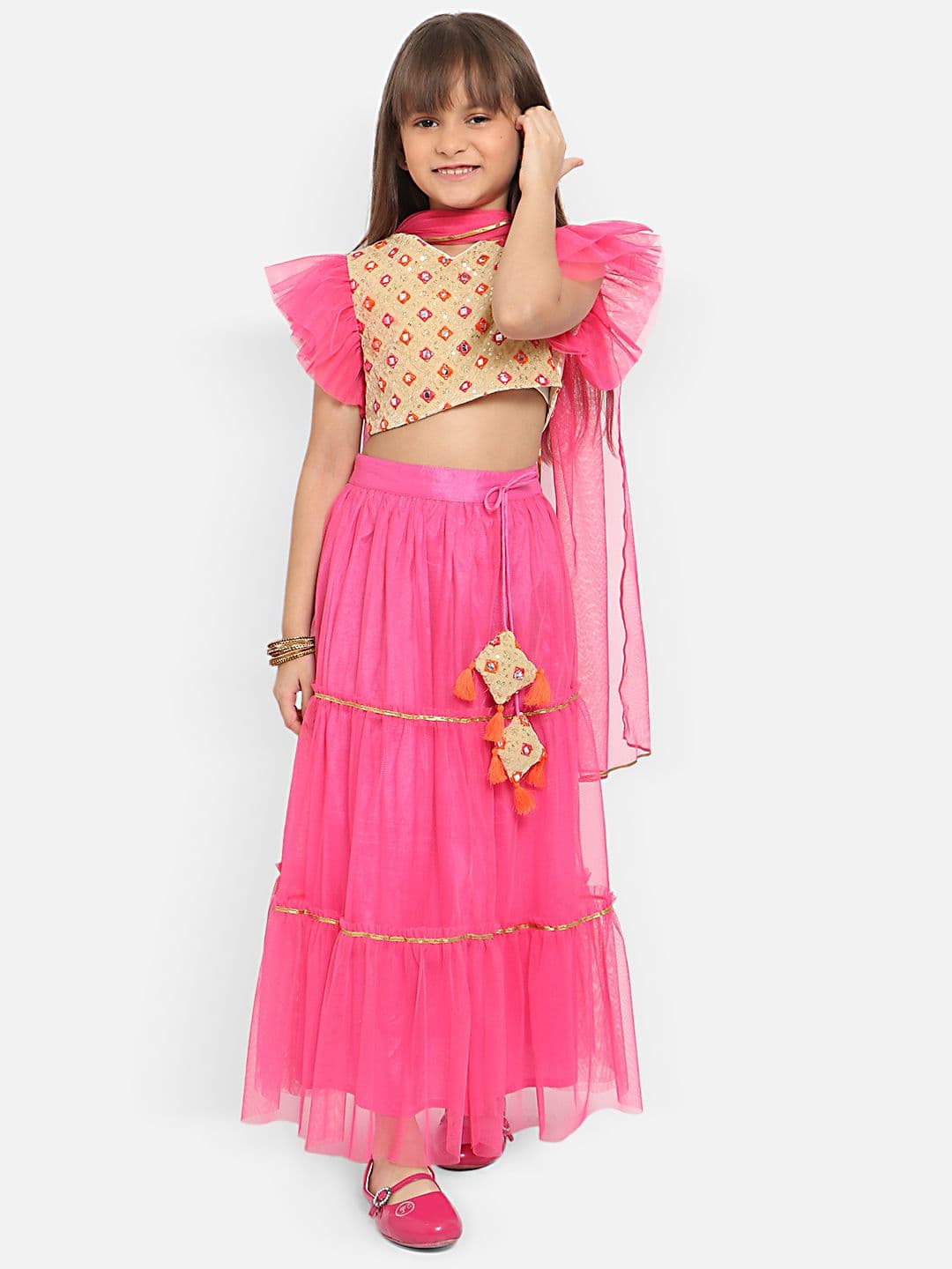 Nauti Nati Girls Embellished Mirror Work Ready to Wear Lehenga & Blouse With Dupatta - view 1