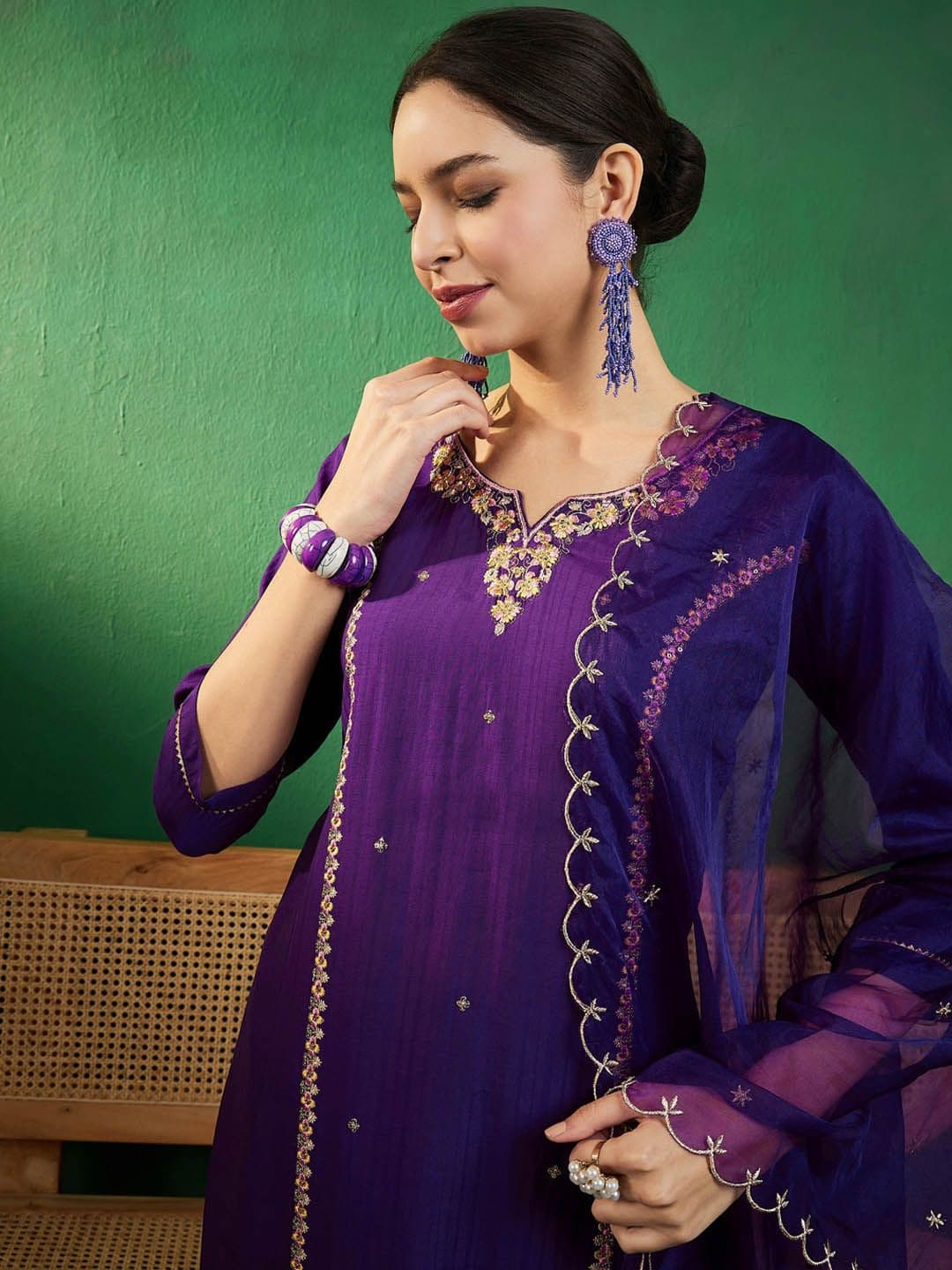 Sangria Purple & Gold Toned Zari Embroidered Straight Kurta With Trouser & Dupatta - view 1