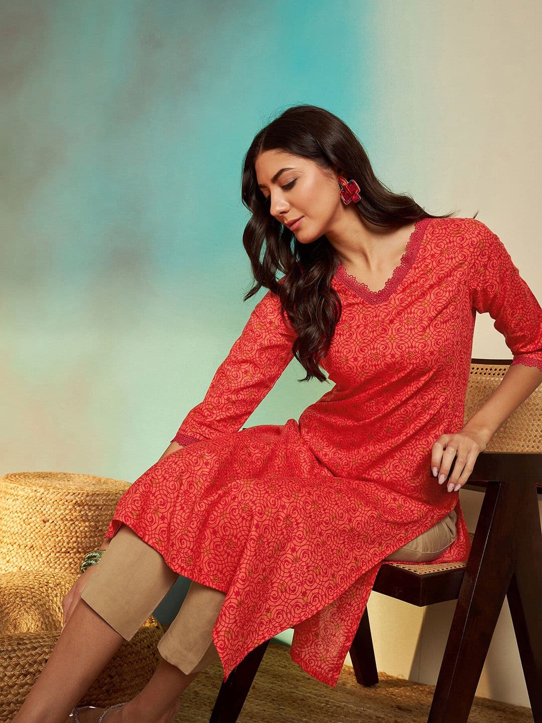 Sangria Orange Ethnic Motifs Printed V-Neck Pure Cotton Regular Straight Kurta - view 1