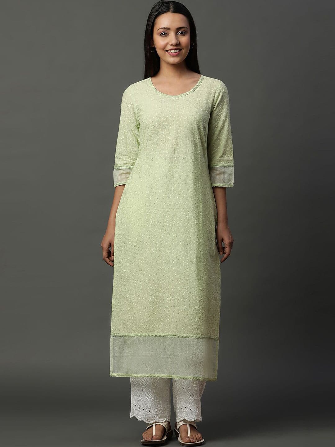 AURELIA Floral Embroidered Scoop Neck Cotton Straight Kurta - view 1