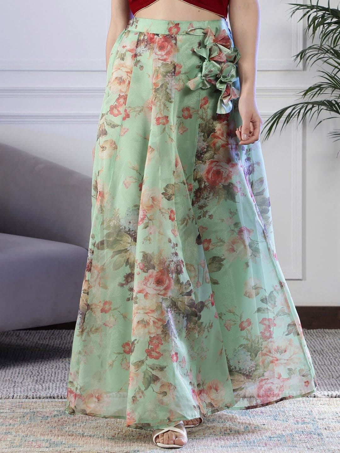 NEUDIS Floral Printed High-Rise Flared Organza Maxi Skirt - view 1