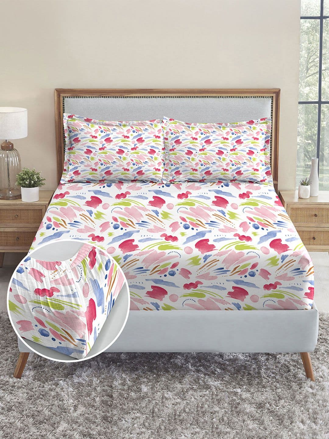 MYTRIDENT White Abstract Cotton 210 TC Fitted King Fine Bedsheet with 2 Pillow Covers-72 x 78 inches - view 1