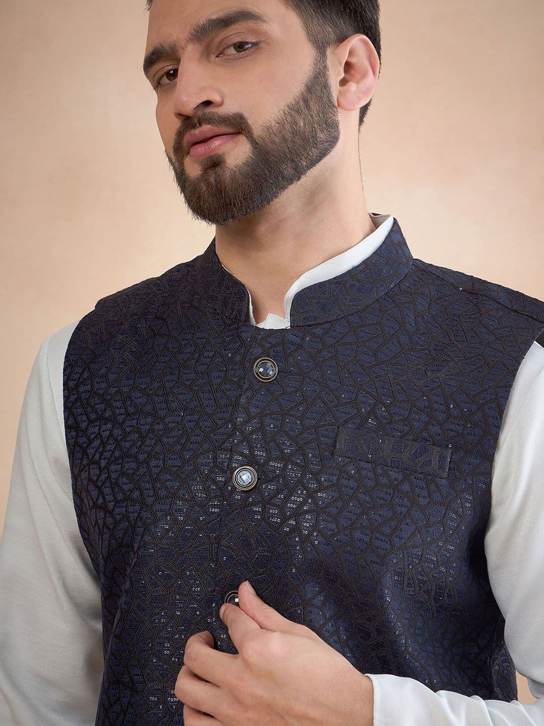 House of Pataudi Jacquard Woven Design Nehru Jacket with Sequinned Work - view 1