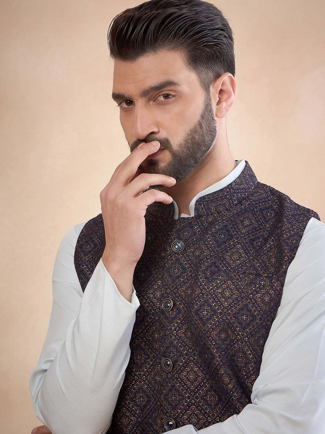 House of Pataudi Jacquard Woven Design Nehru Jacket with Zari Work - view 1
