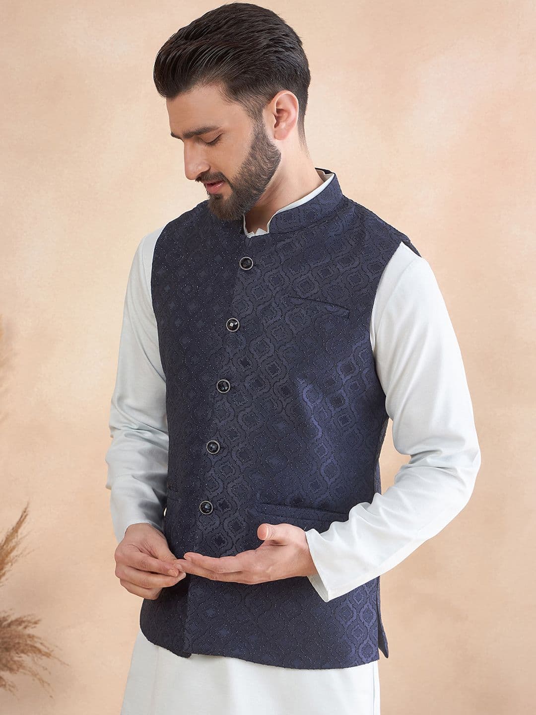 House of Pataudi jacquard Woven Design Nehru Jacket with Zari work - view 1