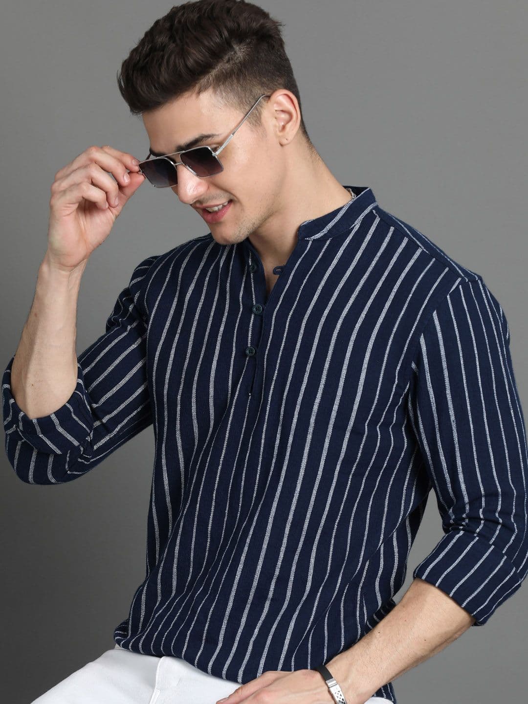 HERE&NOW Mandarin Collar Printed Flared Sleeves Thread Work Cotton Short Kurta