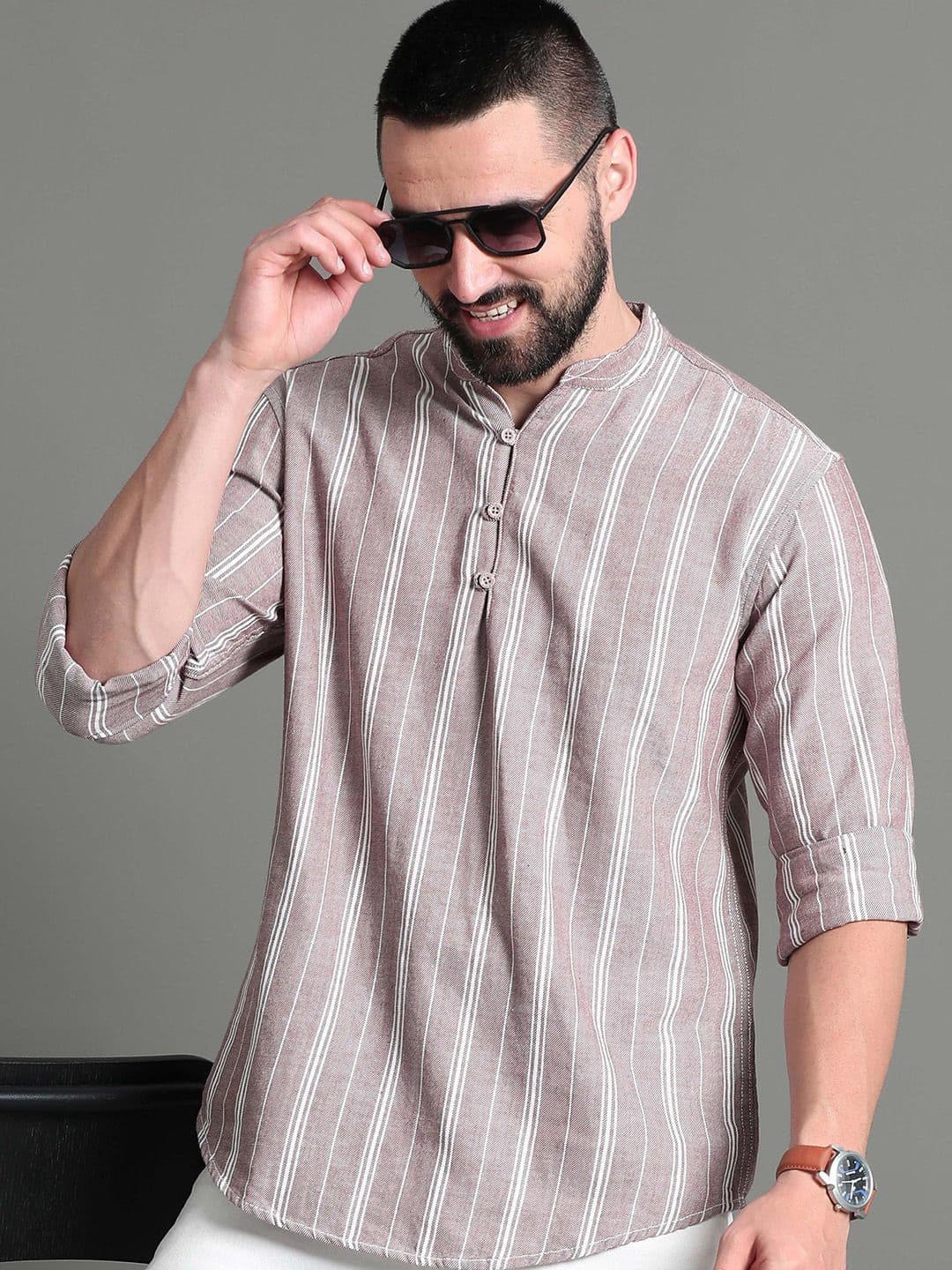 HERE&NOW Striped Mandarin Collar Long Sleeves Cotton A-Line Short Kurta
