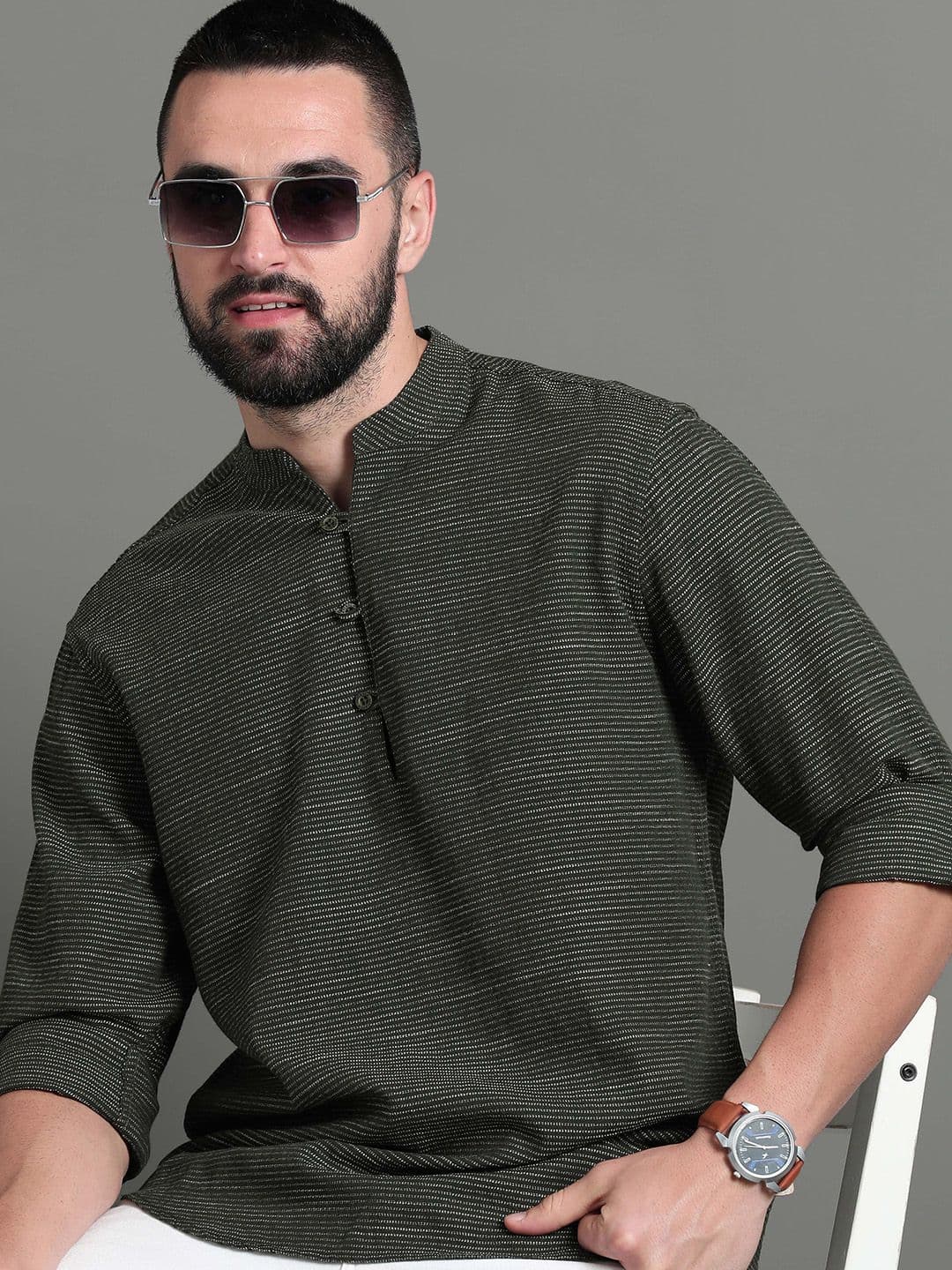 HERE&NOW Mandarin Collar Geometric Cotton Thread Work Dobby Short Kurta - view 1