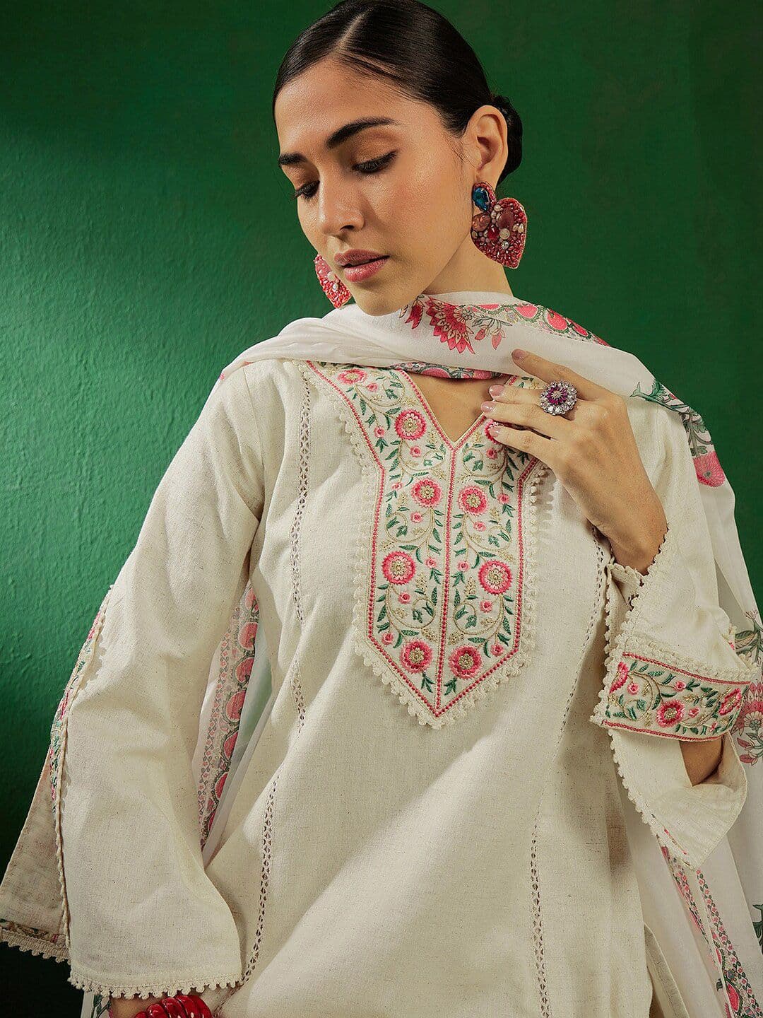 Sangria Off White Floral Embroidered Pure Cotton Kurta With Palazzo & Dupatta - view 1