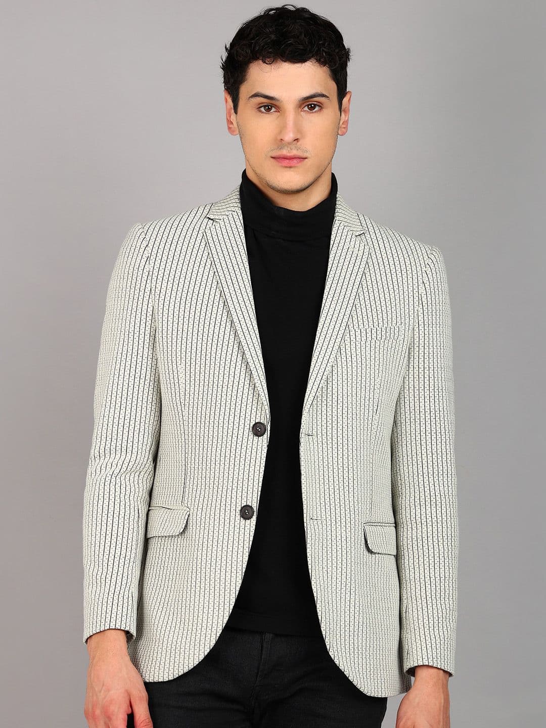Mast & Harbour Off White Striped Notched Lapel Slim-Fit Single Breasted Casual Blazer - view 1