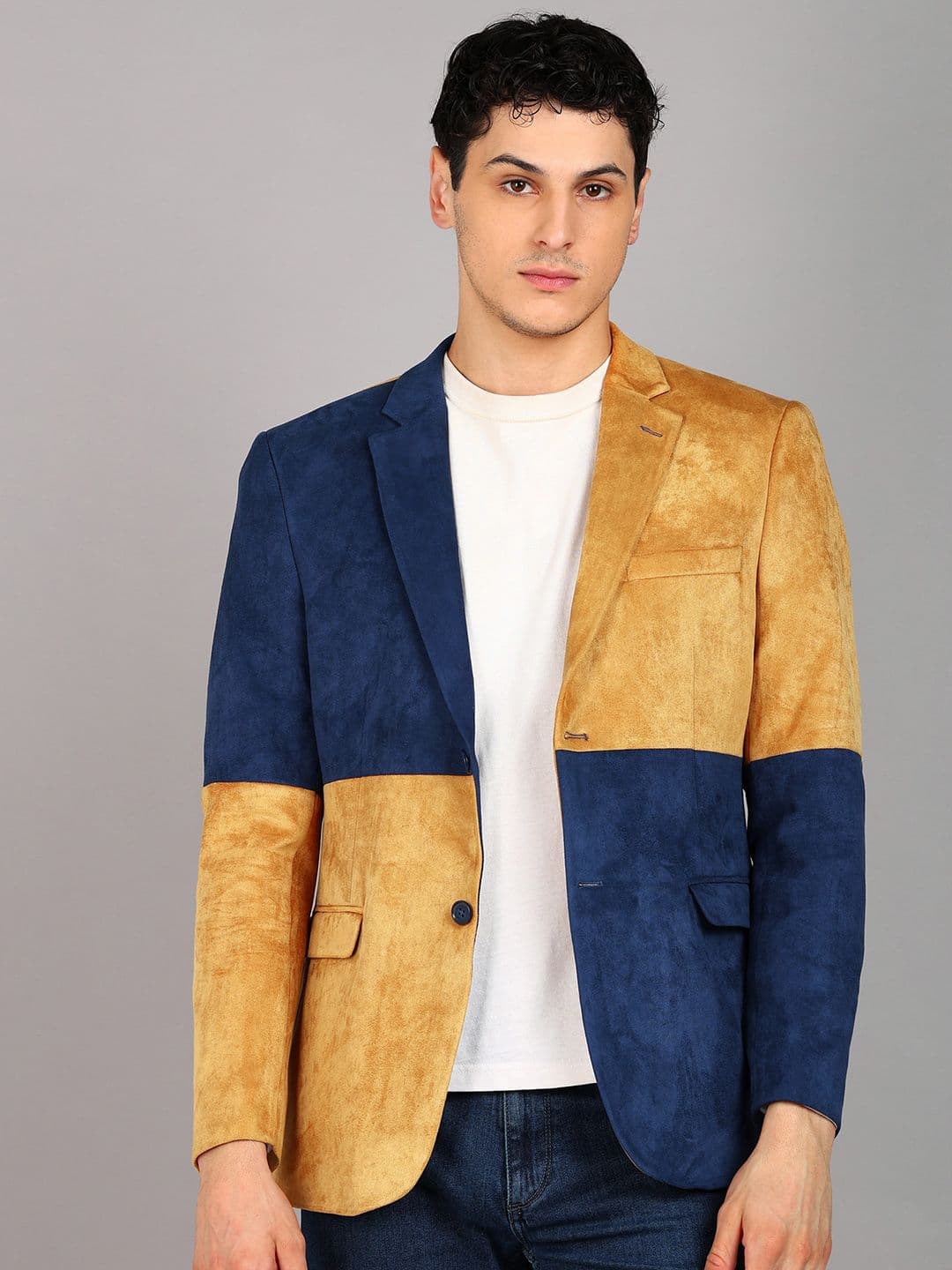 Mast & Harbour Blue & Mustard Colorblocked Slim-Fit Single Breasted Casual Blazer - view 1