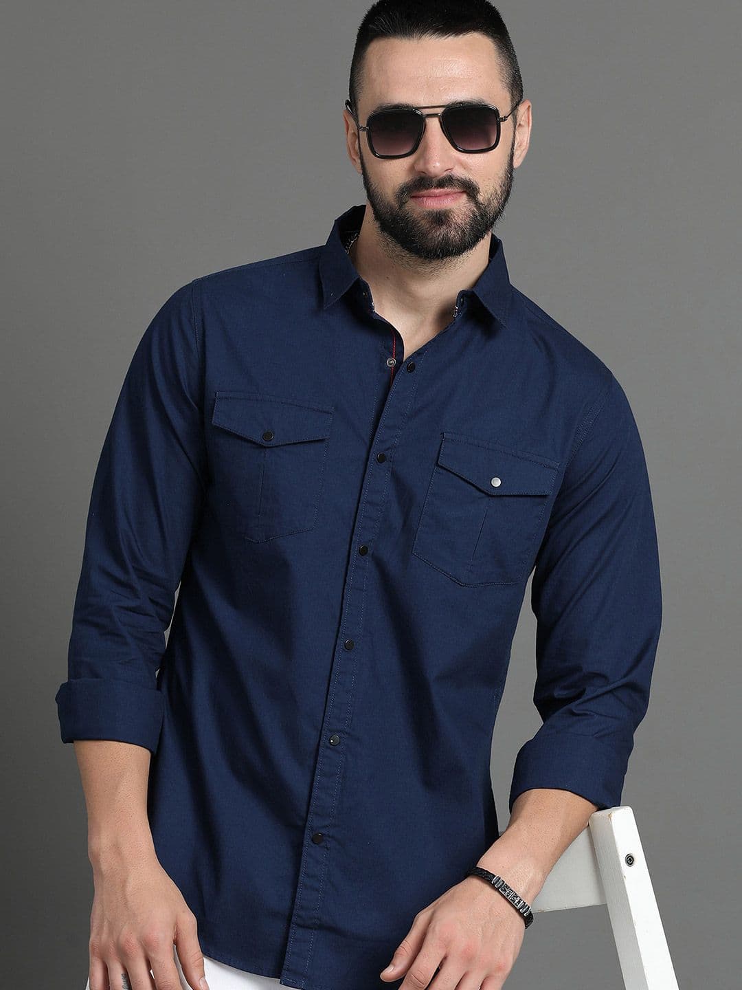 HERE&NOW Navy Blue Slim Fit Long Sleeves Cotton Casual Shirt - view 1