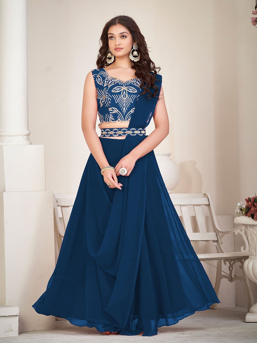 KALINI Embroidered Thread Work Semi-Stitched Lehenga & Unstitched Blouse With Dupatta - view 1