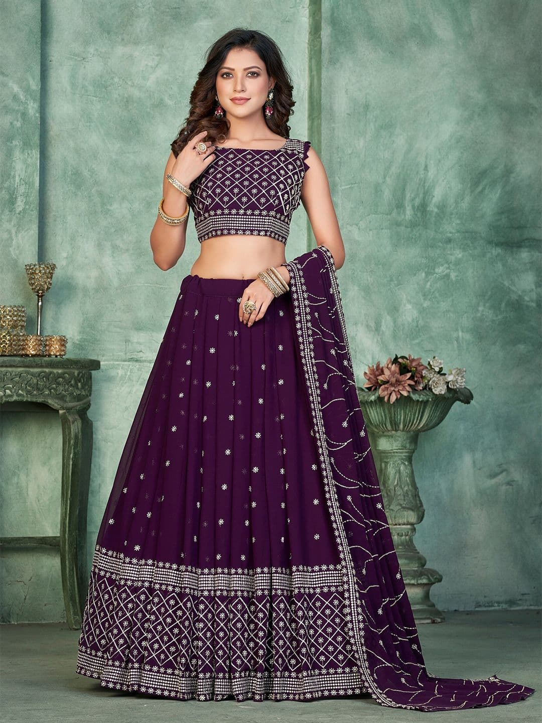 KALINI Sequinned Semi-Stitched Lehenga & Unstitched Blouse With Dupatta - view 1