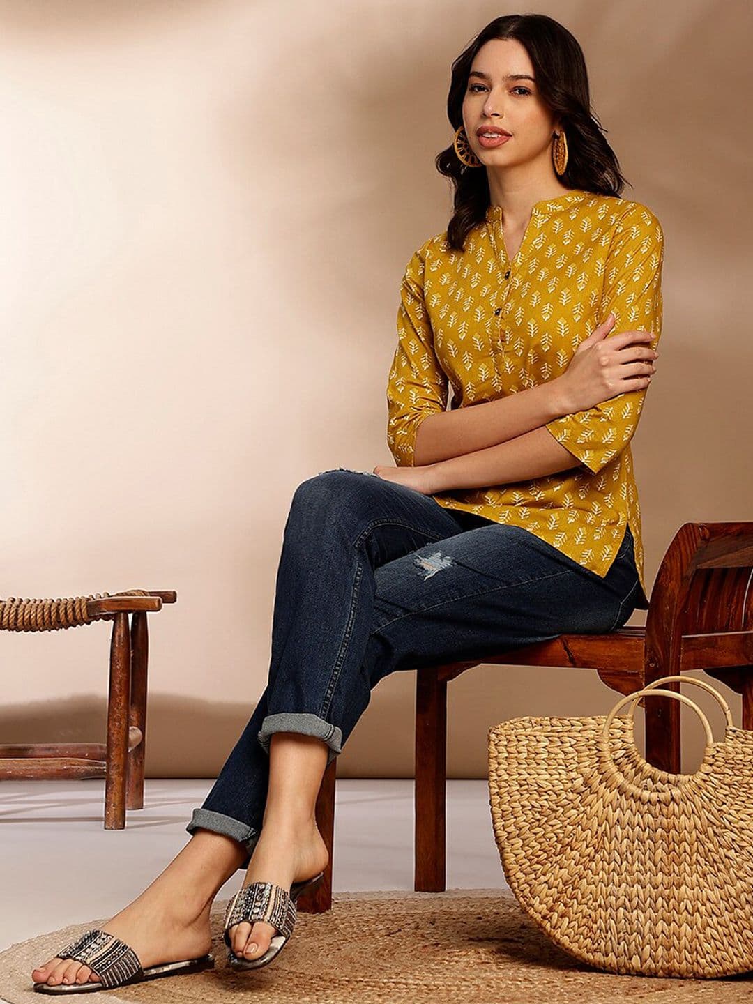 Anouk X fwd Mustard Yellow Ethnic Motifs Printed Mandarin Collar Pure Cotton Straight Short Kurti - view 1