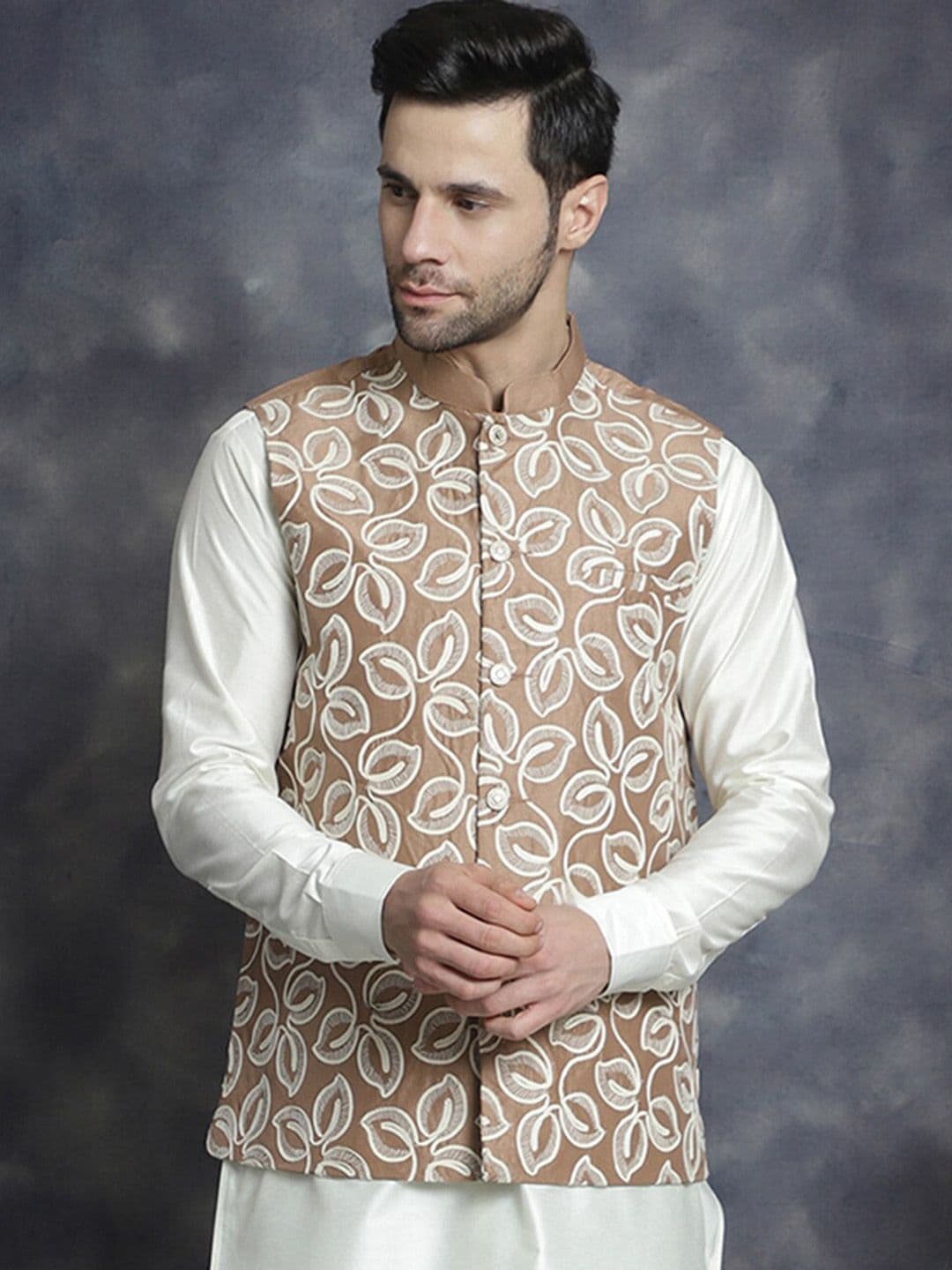 Jompers Embroidered Mandarin Collar Sleeveless Silk Cotton Nehru Jacket - view 1