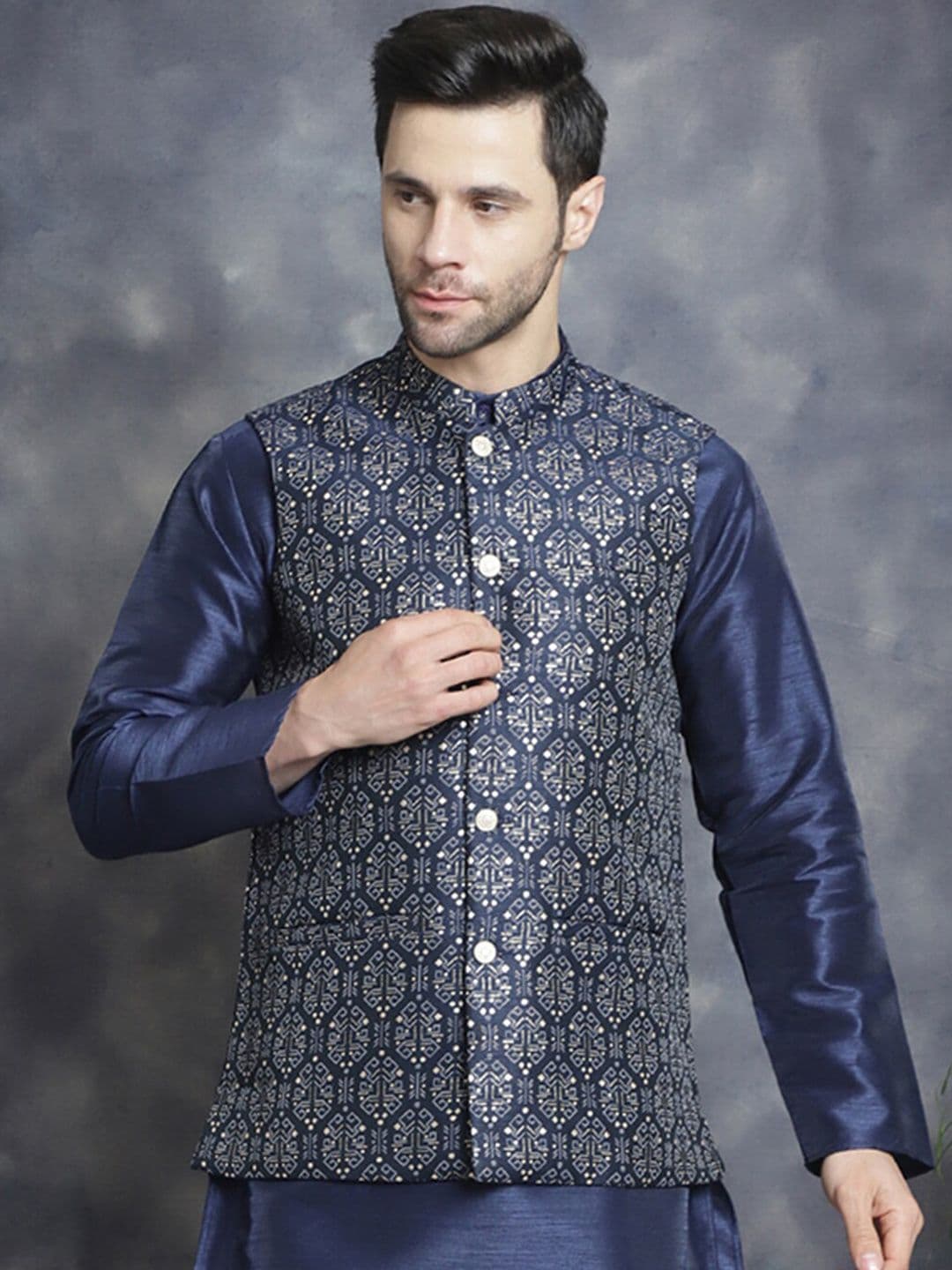 Jompers Ethnic Printed Mandarin Collar Silk Cotton Nehru Jacket - view 1