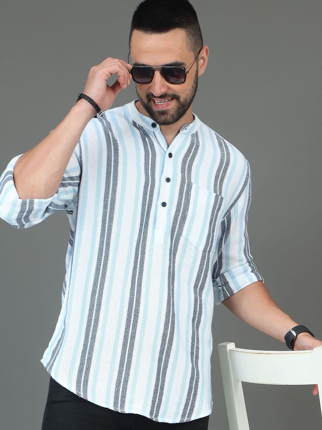 HERE&NOW Striped Mandarin Collar Cotton Short Kurta - view 1
