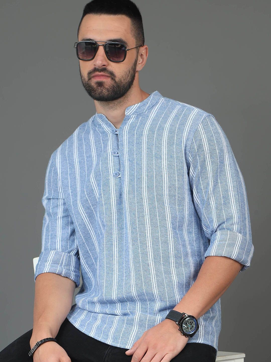 HERE&NOW Blue & White Striped Printed Mandarin Collar Cotton Straight Short Kurta