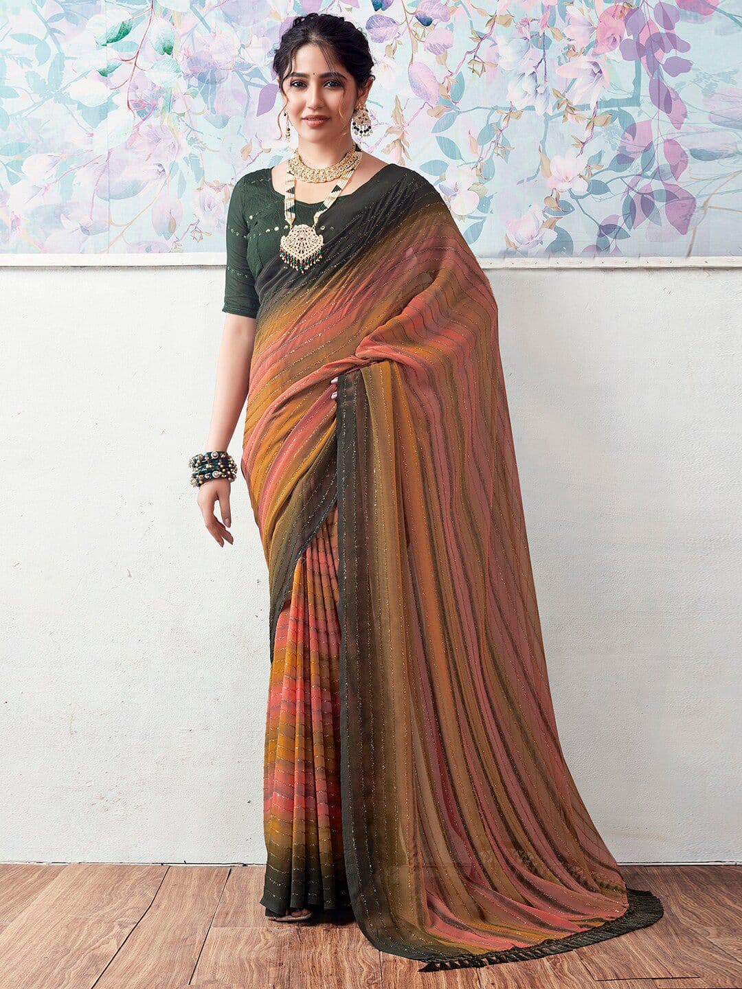 Mitera Green Striped Embellished Banarasi Saree - view 1