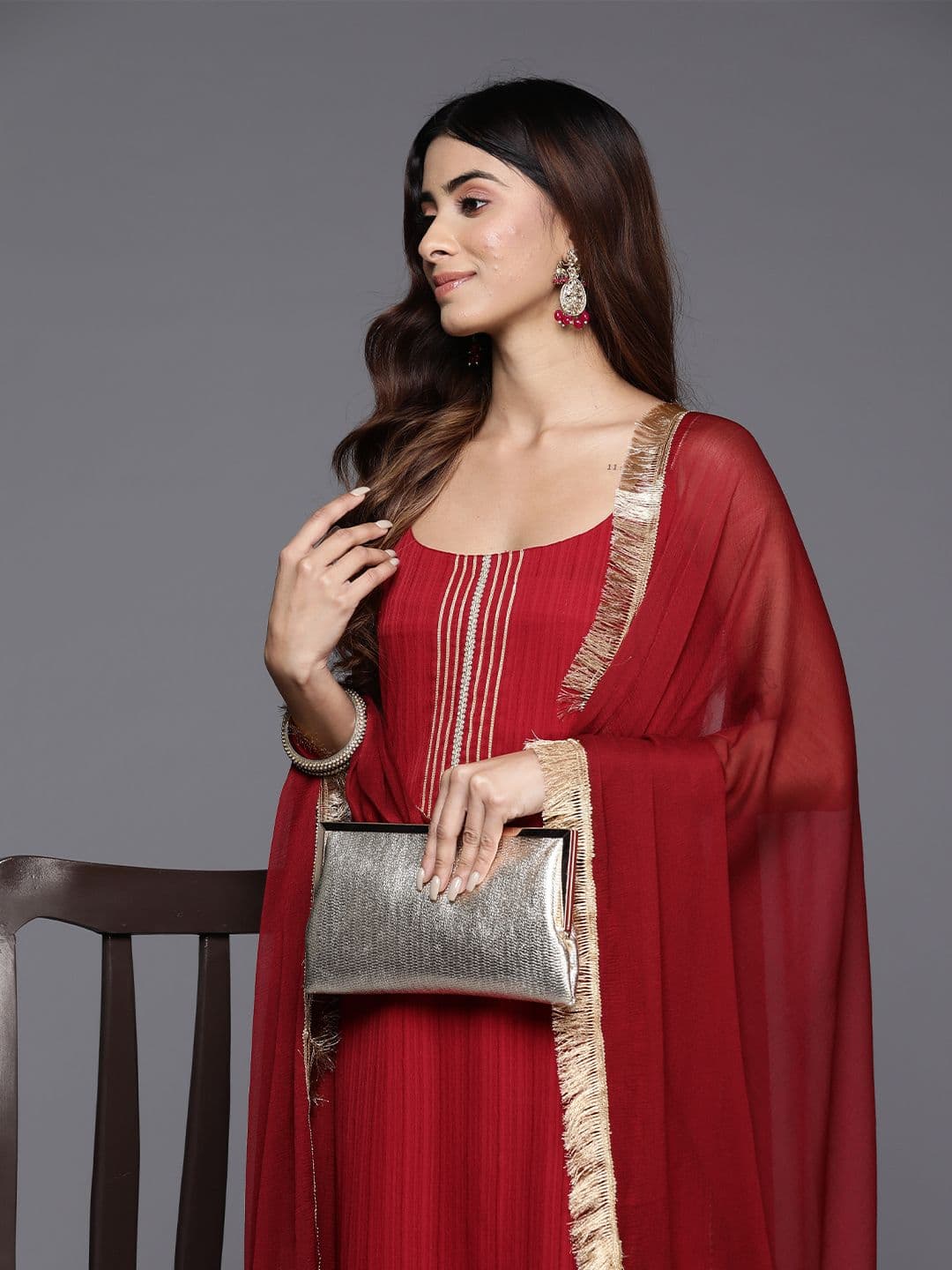 Varanga Maroon Gota Detailed Sleeveless Kurta with Trouser and Dupatta - view 1