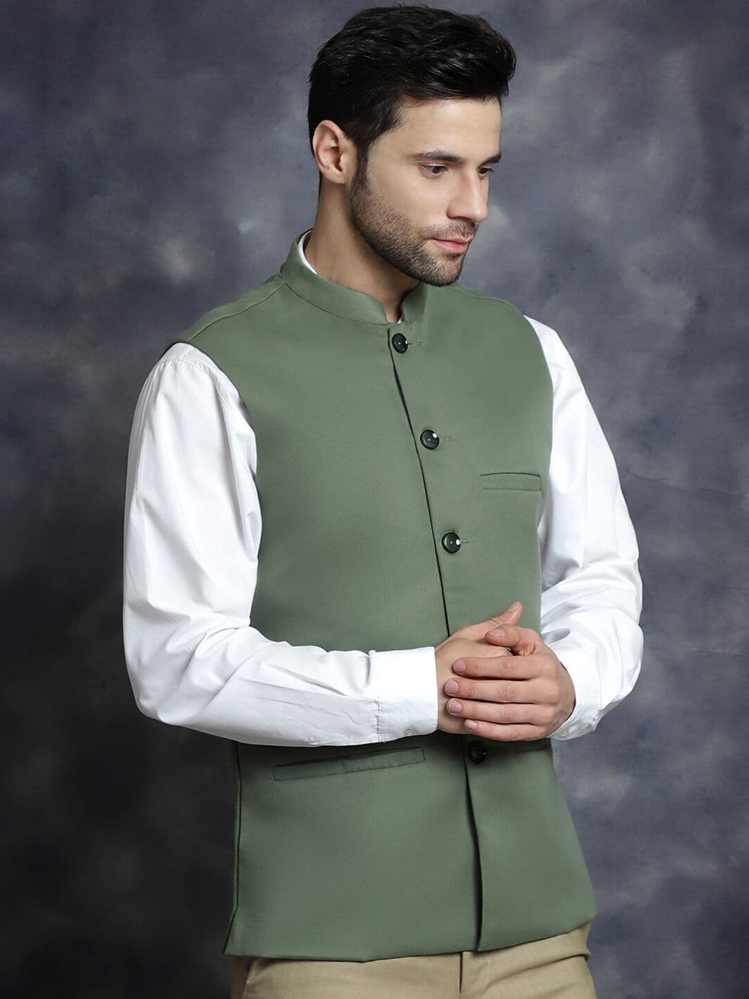 Anouk Green Mandarin Collar Woven Nehru Jacket - view 1
