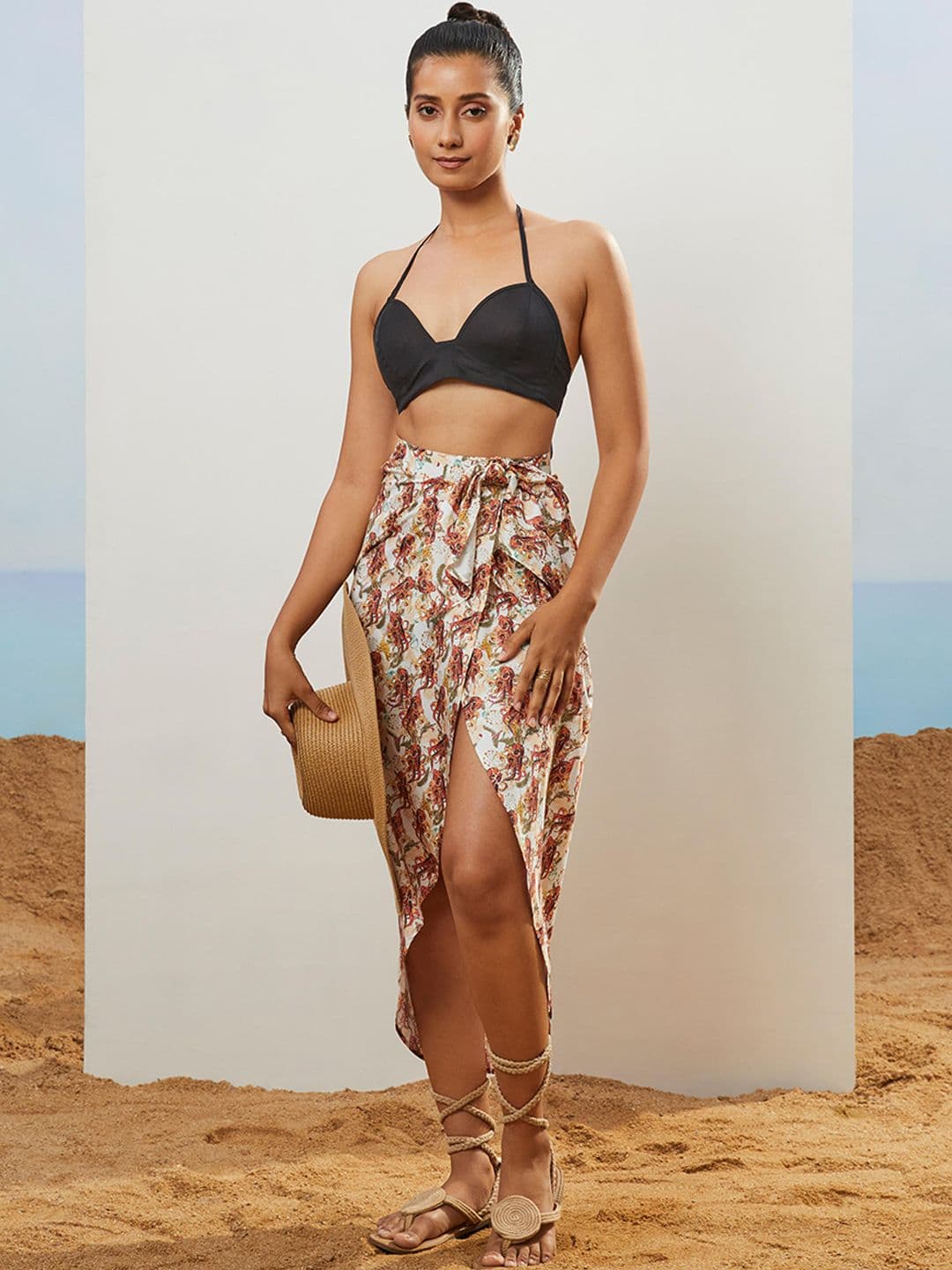 CMGE Tropical Printed Bow-Detailed Knee-Length Wrap Skirt - view 1